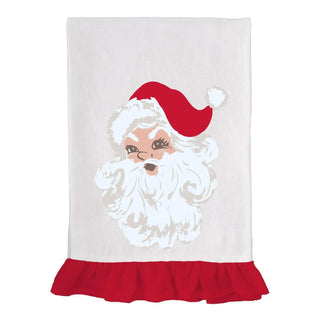 White tea towel with vintage Santa Claus and red ruffle trim

Retro Santa tea towel with red hat and festive ruffle edge

Christmas kitchen towel with Santa Claus print and red ruffle

Holiday dish towel featuring jolly Santa and red bottom trim

Festive Santa towel with classic design and red ruffled edge