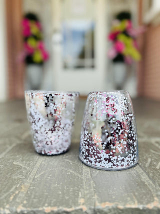 Clear acrylic wine tumbler with floating maroon and white glitter