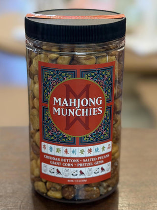 Mahjong Munchies Savory snack mix with cheddar buttons, salted pecans, giant corn, and pretzel gems