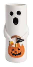 Halloween Stem Vases featuring hand-painted ceramic designs with dimensional pumpkin, ghost, spider web, and ghost trick-or-treat icons.