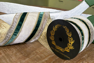 John Mark Sharp Grey Green White Velvet Stripe Metallic Dupion Ribbon
