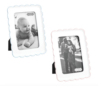 Pink and blue scallop edge resin picture frames holding 4x6 photos