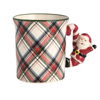 Stoneware tartan mug with red bow handle and green rim

Red tartan plaid Christmas mug with winking snowman handle

Holiday tartan mug with figural Santa holding candy cane handle

Festive red plaid mug with figural wreath handle and red bow

