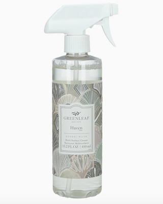 Greenleaf Haven Multi-Surface Cleaner 15.2oz bottle

Haven herbal musk cleaner by Greenleaf

Greenleaf Haven all-purpose cleaner with floral design

Haven scented cleaner in patterned spray bottle

Greenleaf Haven cleaner with herbal musk fragrance