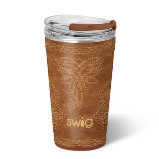 Swig Saddle Stitch Cognac tumbler with handle and faux leather stitched print