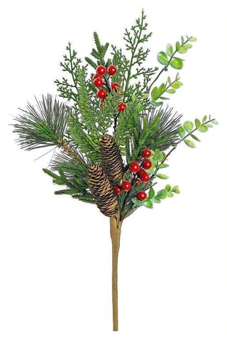 Artificial Christmas greenery pick featuring cedar branches, pine needles, red berries, and pinecones.