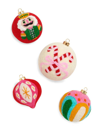 Christmas ornaments with nutcracker and candy cane designs

Handmade felt ornaments with bright candy cane and holiday shapes

Colorful felt Christmas ornaments featuring nutcracker and retro shapes

Festive felt ornaments with candy cane and pink bow details

Whimsical Christmas tree ornaments made from colorful felt