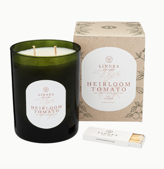 Linnea Heirloom Tomato soy candle in moss green glass vessel