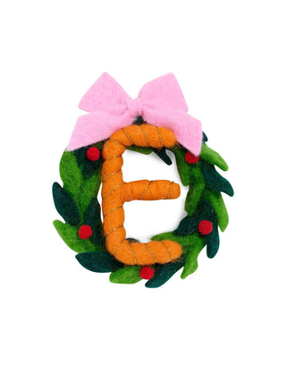 Felt initial wreath ornament with pink bow

Christmas wreath ornament with letter monogram

Festive felt wreath ornament with red berries and bow

Personalized letter ornament in colorful felt wreath

Wool holiday wreath with initial and pink bow