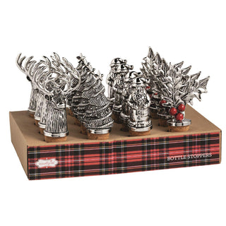 Assorted Christmas bottle stoppers with festive metal toppers

Cork wine stoppers featuring Santa, reindeer, tree, and holly designs

Holiday-themed bottle stoppers on display tray

Cast aluminum Christmas bottle stoppers for wine and holiday drinks

Decorative cork bottle stoppers with festive figural tops

