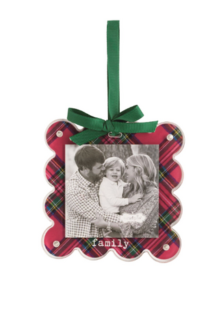 Tartan Photo Ornaments with scalloped acrylic frames, magnetic construction, grosgrain ribbon bows, and hanging loops for displaying 3" x 3" photos.