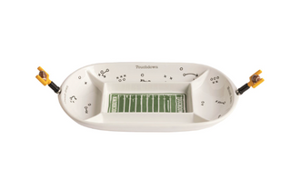 Divided Football Field Platter Set with four-section ceramic serving platter, football field center, play diagram details, and two silverplate spreaders with football goalpost handles.