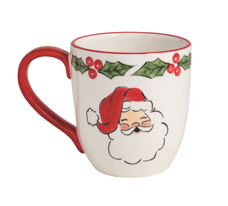 Hand-painted ceramic Christmas mugs available in three festive designs featuring a Christmas tree, Santa Claus, and a wrapped gift with a red bow.