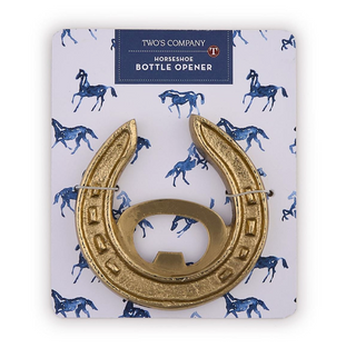 Gold horseshoe bottle opener on decorative gift card

Western-style horseshoe bottle opener with gold finish

Horseshoe-shaped bottle opener for bar or entertaining

Gold metal horseshoe bottle opener gift