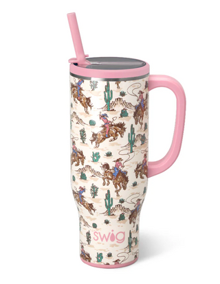 Western rodeo insulated travel mug with cactus and cowgirl design