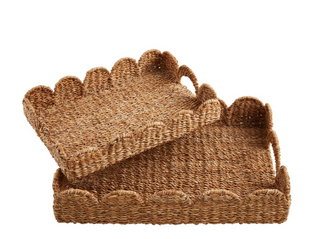 Woven wicker serving trays with scalloped edges