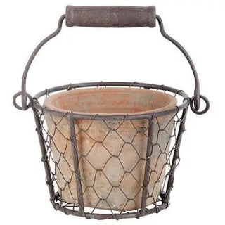 Aged Terracotta Single Flower Pot In Metal Basket