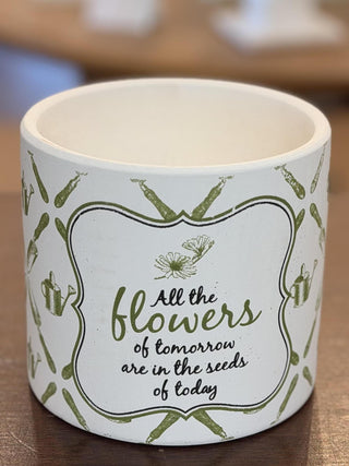 White ceramic garden cachepot with green botanical pattern and inspirational gardening quote, 6-inch decorative planter.