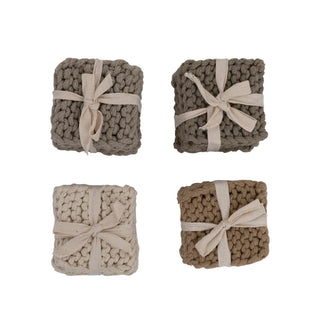 Cotton Crocheted Coasters set of 4 square handmade style drink coasters in neutral colors
