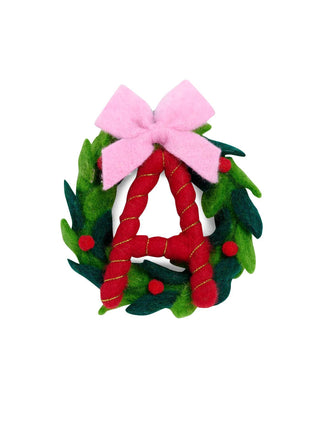 Felt initial wreath ornament with pink bow

Christmas wreath ornament with letter monogram

Festive felt wreath ornament with red berries and bow

Personalized letter ornament in colorful felt wreath

Wool holiday wreath with initial and pink bow