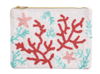 Coastal luxe embroidered canvas zipper clutch with beading