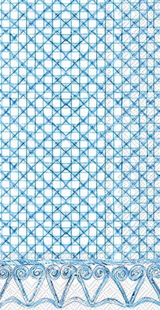 Blue botanical cane guest towel with geometric pattern