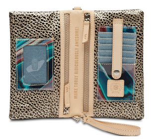 Consuela Wesley Uptown Crossbody with pebbled exterior, wristlet strap, and adjustable crossbody strap

Interior view of Consuela Wesley Uptown Crossbody showing card slots, ID window, and zip compartments

Wesley Uptown Crossbody by Consuela with dual magnetic closure and organized wallet interior