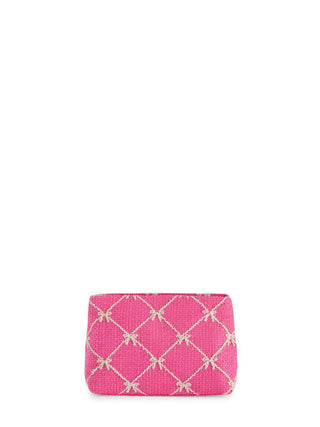 Green zip pouch with pink stitched bows

Pink textured clutch with gold stitched bow pattern

Festive bow-pattern pouch with zipper closure

Holiday makeup bag with stitched bows

Small clutch with bow details and zip top