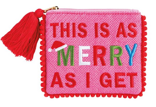 Holiday Pom Cases featuring needlepoint embroidered holiday sayings, colorful pom trim, tassel zipper pulls, and fully lined cotton interiors.