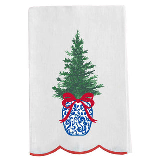 White tea towel with embroidered Christmas tree in blue chinoiserie pot

Holiday embroidered towel with red bow and blue chinoiserie vase

Christmas tree embroidered tea towel with red scalloped edge

Festive chinoiserie tree hand towel for kitchen décor

White embroidered holiday towel with blue vase and red ribbon