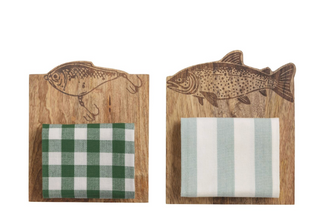 Engraved mango wood fish serving board with cotton towel