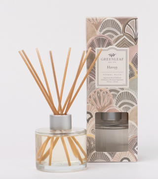 Greenleaf Haven Reed Diffuser with herbal musk fragrance

Haven diffuser by Greenleaf in neutral glass bottle

Greenleaf Haven fragrance diffuser with reeds

Herbal musk reed diffuser in modern packaging

Haven signature reed diffuser by Greenleaf