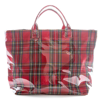 Tartan Tote with PVC Coated Exterior featuring a classic red plaid pattern and double handles.
