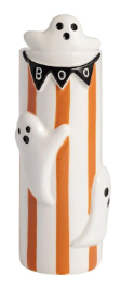 Halloween Stem Vases featuring hand-painted ceramic designs with dimensional pumpkin, ghost, spider web, and ghost trick-or-treat icons.