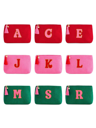 Mara Initial Zip Pouch with colorful letter appliqué and tassel zipper