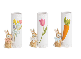 Bunny bud vase with hand-painted tulip and rabbit figurine