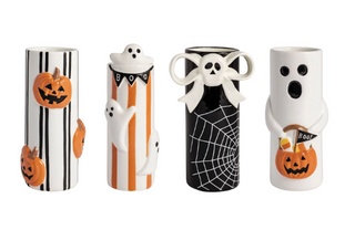 Halloween Stem Vases featuring hand-painted ceramic designs with dimensional pumpkin, ghost, spider web, and ghost trick-or-treat icons.