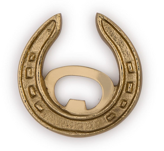 Gold horseshoe bottle opener on decorative gift card

Western-style horseshoe bottle opener with gold finish

Horseshoe-shaped bottle opener for bar or entertaining

Gold metal horseshoe bottle opener gift
