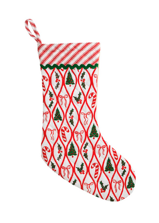 Bow Christmas Block Print Stocking featuring festive red and green holiday block print, French ticking stripe cuff, ric-rac trim, and canvas backing.