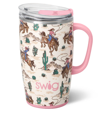Western rodeo insulated travel mug with cactus and cowgirl design