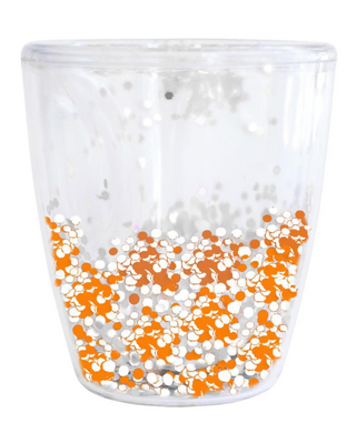 Clear acrylic wine tumbler with floating burnt orange and white glitter