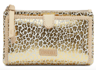 Consuela Kit Slim Wallet with gold jag print and snap closure front view

Interior of Consuela Kit Slim Wallet showing card slots, ID window, and slide pockets

Consuela Kit Slim Wallet foiled leather exterior with zipper compartment

Slim leopard print Consuela wallet with natural leather trim
