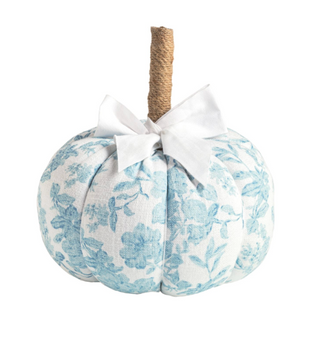 Decorative blue floral cotton pumpkin with a jute-wrapped stem and white grosgrain ribbon bow.