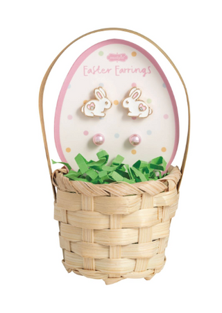 “Easter stud earring basket set with enamel icon and pearl studs”