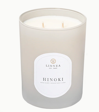 Linnea Hinoki candle in gray glass vessel with double cotton wicks