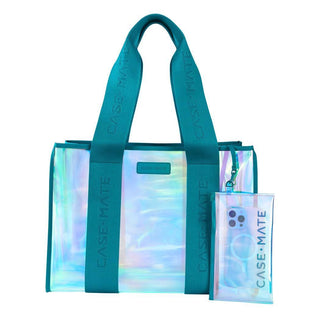 Case-Mate waterproof tote bag with iridescent body and teal shoulder straps