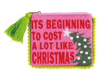 Holiday Pom Cases featuring needlepoint embroidered holiday sayings, colorful pom trim, tassel zipper pulls, and fully lined cotton interiors.