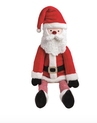 Large Santa Claus plush featuring soft faux fur, velvet suit, sweater knit details, striped legs, and dangling feet for Christmas decorating.