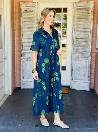 Navy floral button-front midi dress with short sleeves

Opal Dress with green floral print and side pockets

Lightweight floral midi dress with collared neckline