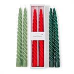 Set of red, green, and sage twist taper candles in gift box

Holiday twist taper candles set of 2 in assorted colors

Elegant spiral taper candles for Christmas décor and gifting

Twist design taper candles in red, green, and sage – boxed set